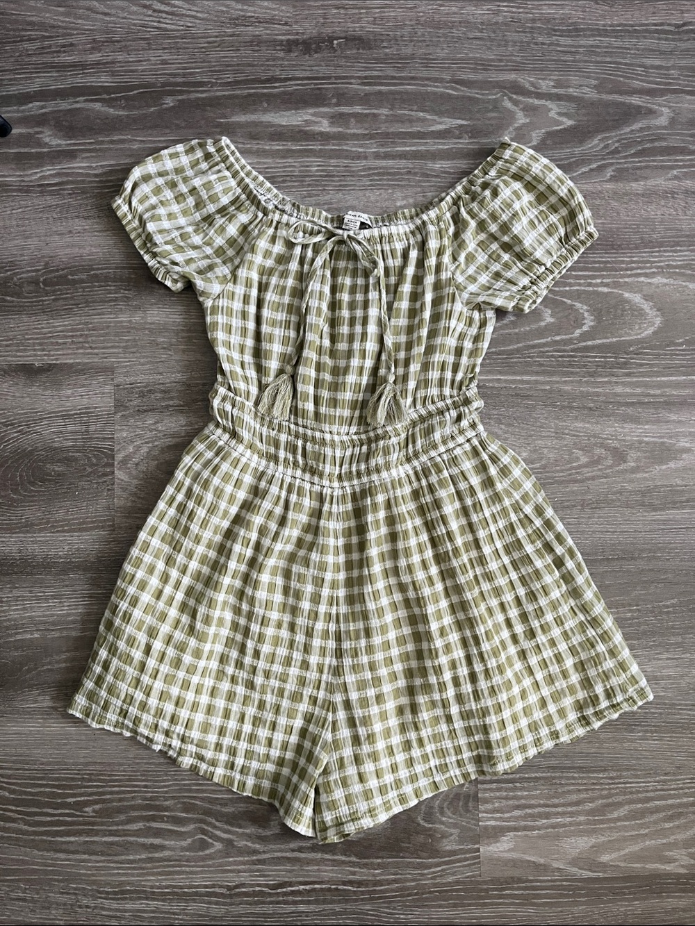American Eagle Outfitters Olive Plaid Off-Shoulder Romper